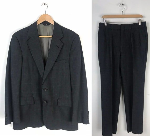 80s Dark Gray Plaid Two Piece Suit Mens Size 42R &