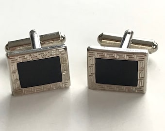 Vintage Silver & Black Rectangle Cuff Links, Classic Silver Bullet Back Cufflinks, Formal Event Wedding Groomsman Gift, Rectangle Cuff Links