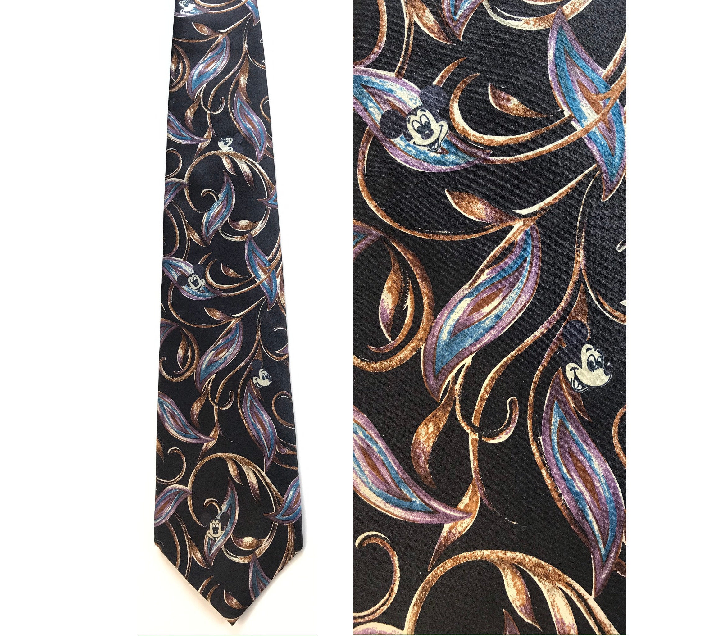 Vintage Paisley Mickey Mouse Tie, Disney Originals Mickey Mouse Necktie, Black Brown Blue Paisley Novelty Tie, Mickey Mouse Print