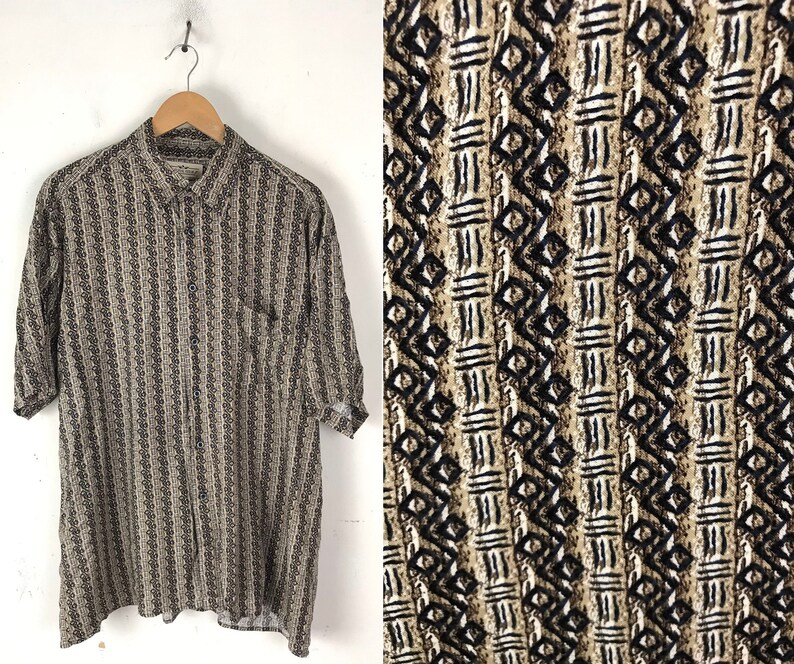 Vintage Brown & Black Abstract Print Shirt Mens Large/XL, Retro Print Mens Shirt, Funky Print Button Down Shirt, Abstract Print Shirt image 1