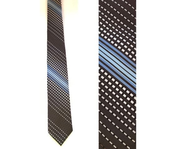 70s Brown White & Blue Striped Tie, Vintage Polye… - image 1