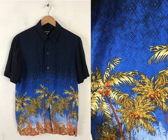 Palm Tree Hawaiian Shirt, 90s Blue & Green Shirt,