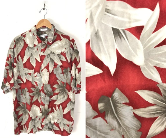 90s Pierre Cardin Red & Brown Floral Hawaiian Shir