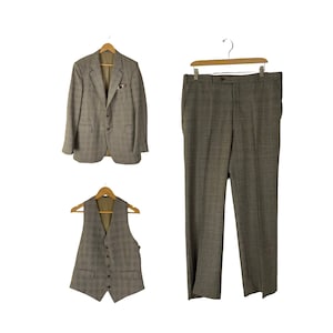 Vintage Brown Plaid Three Piece Suit Mens Size 42 & 36W, Formal Event Wedding Three Piece Suit, Mens Brown Plaid Wool Suit
