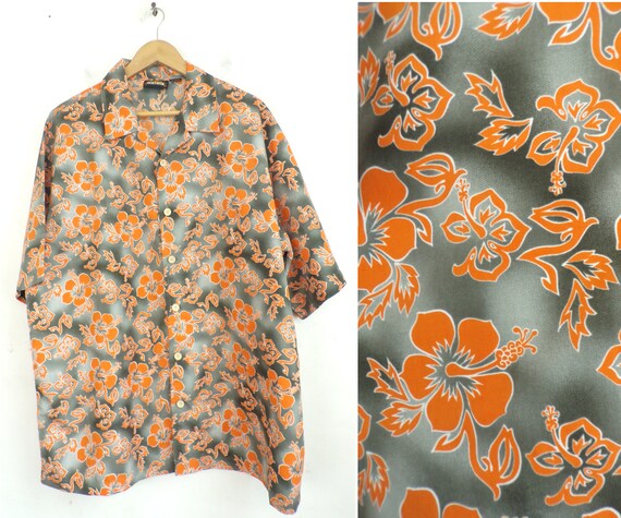 Vintage Hawaiian Shirt Mens 2XL, Orange & gray Fl… - image 1