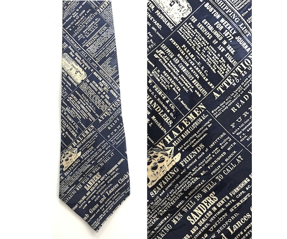 90s Blue & White Newspaper Ad Print Tie, Newspaper