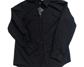Vintage Black Dress Shirt Mens Large, 90s New Old Stock Mens Classic Dress Shirt, Business Wedding Formal Event Black Shirt