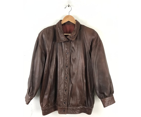 Vintage Mens Leather Coat, 80s Brown Distressed Leather Coat Size Small, Mens Classic Leather Coat, Button Front Leather Coat
