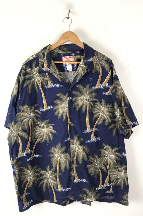 Vintage Mens Hawaiian Shirt,  Dark Blue Palm Tree… - image 2