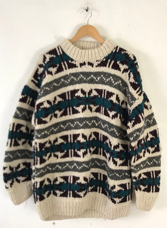 Vintage Mens Hand Knit Print Sweater Large, Cream… - image 2