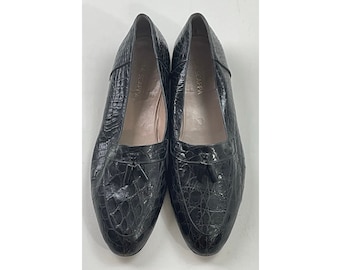 Vintage Herren Schuhe Schlangenmuster, schwarze Schlangen-Look-Loafers Größe 12, 1980er Jahre Echtleder italienische schwarze Loafers, High-End-formelle Anzugschuhe