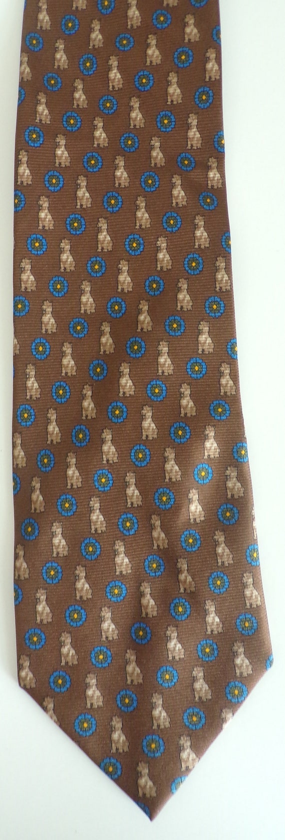 Vintage Brown & Blue Flower Dog Print Mens Tie, D… - image 2