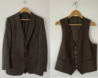 70s Dark Brown Pinstriped Sport Coat & Vest Set Mens Size 42, Vintage Brown Pinstriped Matching Blazer Vest, Wedding Formal Event