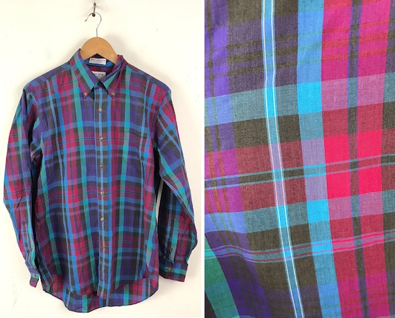 80s Pink Green Blue Plaid Button Down Shirt Mens M