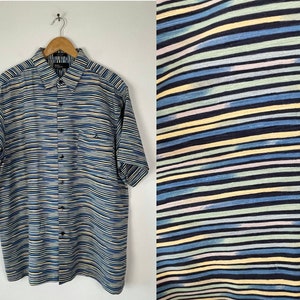 90s Blue Green & Yellow Striped Silk Shirt Mens XL, Preppy Retro Colorful Striped Button Down Shirt, Mens Silk Print Shirt image 1