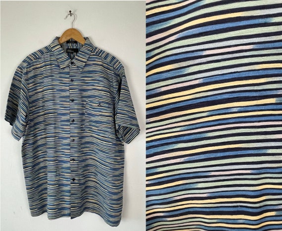 90s Blue Green & Yellow Striped Silk Shirt Mens X… - image 1