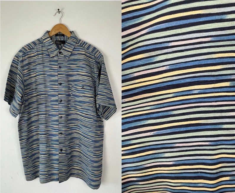 90s Blue Green & Yellow Striped Silk Shirt Mens XL, Preppy Retro Colorful Striped Button Down Shirt, Mens Silk Print Shirt image 1