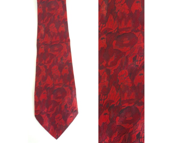 80s Bright Red Abstract Print Tie, Polyester Neck… - image 1