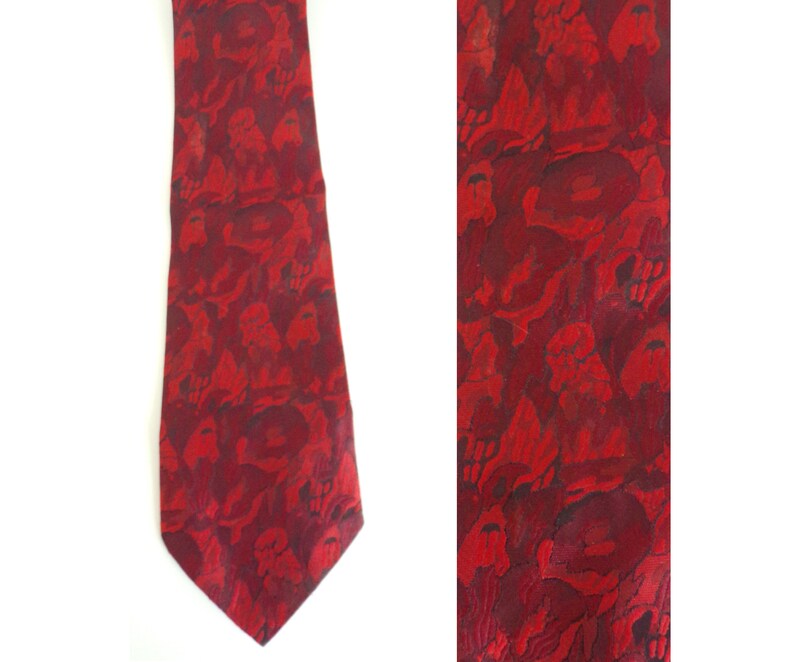 80s Bright Red Abstract Print Tie, Polyester Necktie, Bright Red Tie, Abstract Print, Abstract Tie, 80s Necktie, Vintage Red Tie image 1