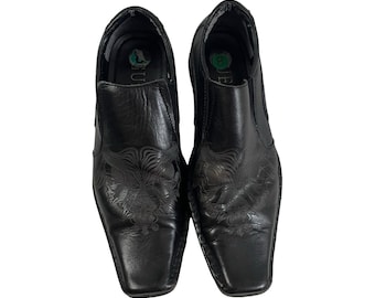 Vintage Guess Black Leather Loafers, Print Dress Shoes, Men's Size 8.5