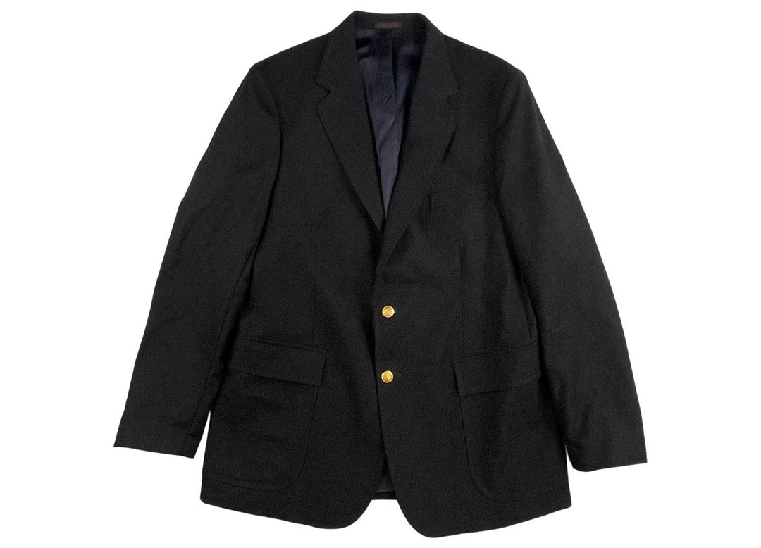 Vintage Black Sport Coat Gold Buttons Mens Size 44L, 1990s Black Wool