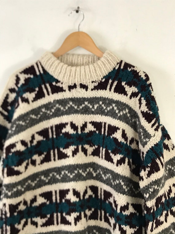 Vintage Mens Hand Knit Print Sweater Large, Cream… - image 3