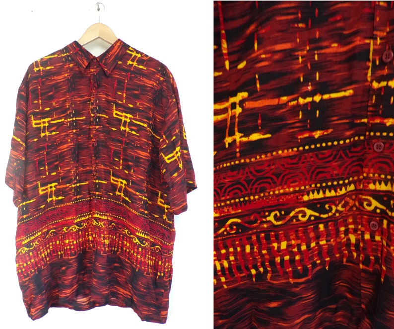 Print Fire 90s Red /& Yellow Printed Shirt Mens Size XL Bold Shirt Hawaiian Shirt Red Yellow Retro Shirt Print Shirt Abstract Shirt