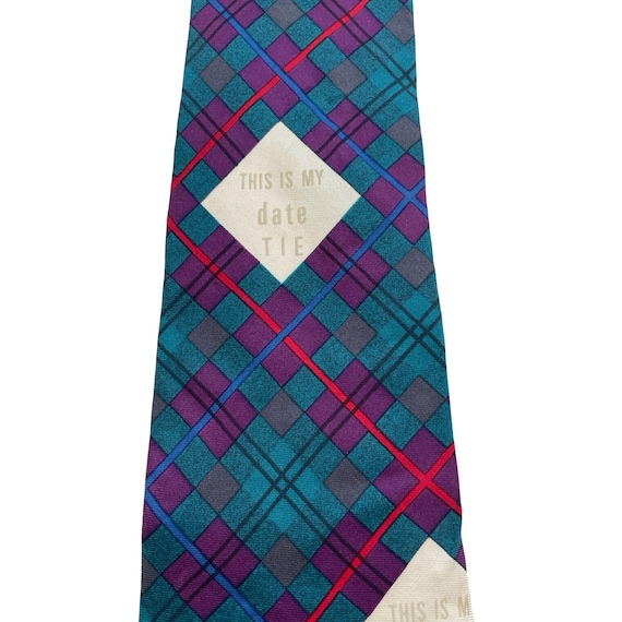 Vintage This Is My Date Tie | Teal & Purple Plaid… - image 3