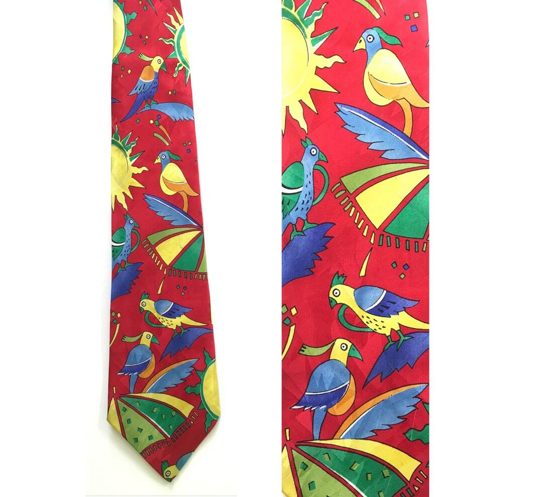 Vintage Mens Tropical Bird Tie, 90s Birds & Beach Print Tie, Bright
