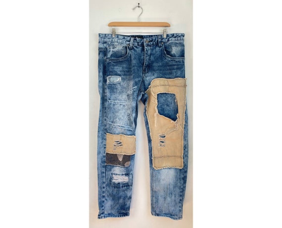 Vintage Distressed Patchwork Jeans Mens 