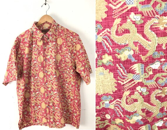 90s Tori Richard Red Dragon Print Hawaiian Shirt M