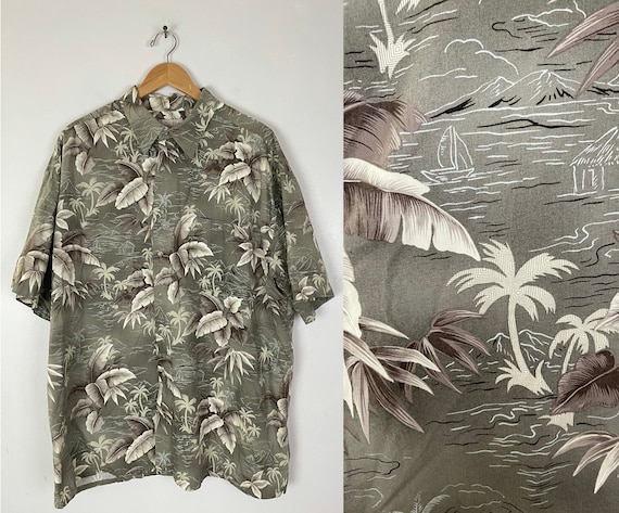 90s Olive Green Floral Palm Tree 
