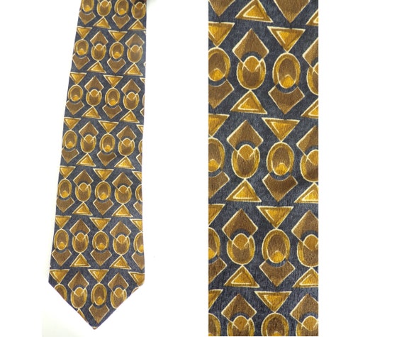 Vintage Mens Geometric Print Tie, 90s Blue & Gold… - image 1