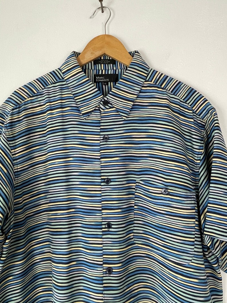 90s Blue Green & Yellow Striped Silk Shirt Mens XL, Preppy Retro Colorful Striped Button Down Shirt, Mens Silk Print Shirt image 3