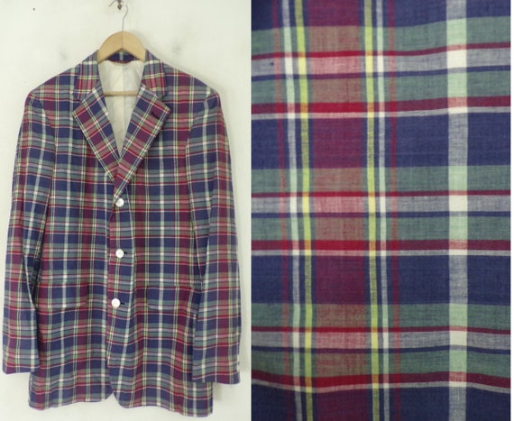 Vintage Colorful Plaid Blazer, Jos A Bank Blue Re