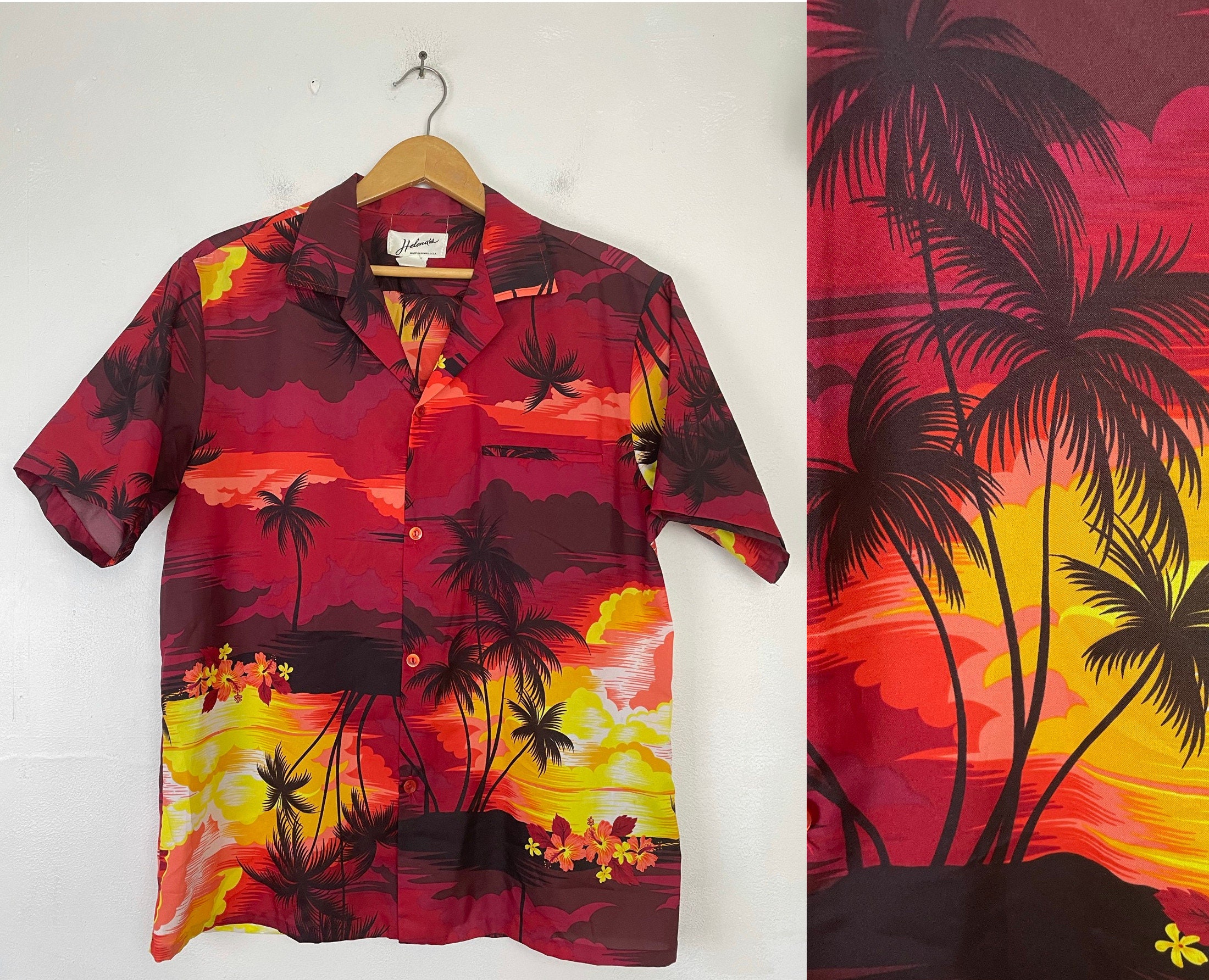 Vintage Mens Hawaiian Shirt, 70s Red Beach Sunset Shirt Large