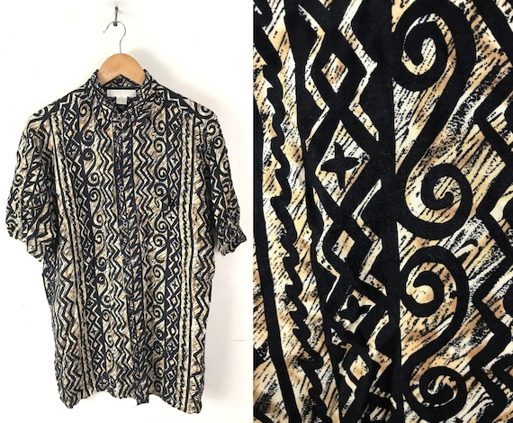 90s Black & Brown Abstract Print Shirt Mens Medium
