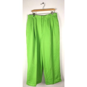 Vintage Mens Lime Green Pants, Wide Leg Swing Pants Size 34 Waist, Retro Disco Bright Swing Pants, Lime Green Pleated Dress Pants Trousers