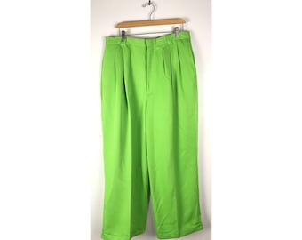 Vintage Mens Lime Green Pants, Wide Leg Swing Pants Size 34 Waist, Retro Disco Bright Swing Pants, Lime Green Pleated Dress Pants Trousers