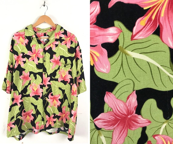 70s Iolani Black Pink & Green Floral Hawaiian Shir