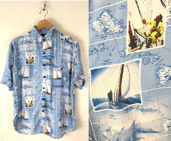 Vintage Sailing Hawaiian Shirt Mens Medium, Blue … - image 1