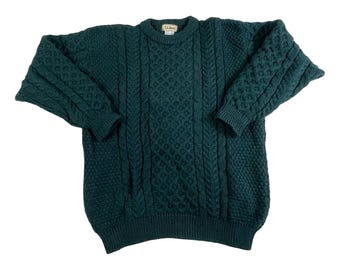 Vintage LL Bean Wool Cable Knit Sweater | Dark Green, Made in Ireland, Men's Large