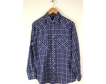 Vintage Mens Plaid Western Shirt, Wrangle Blue White & Red Shirt Medium, Classic American USA Plaid Western Shirt, Country Cowboy Mens Shirt