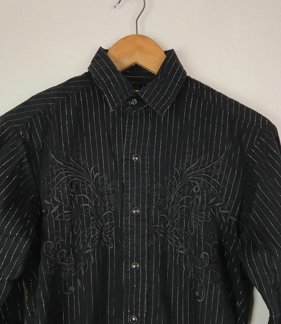 Vintage Black & Silver Striped Floral Western Shi… - image 2