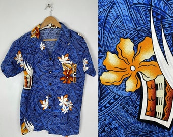 Vintage Blue & Orange Floral Print Hawaiian Shirt Mens Medium, 70s Flowered Tropical Print Hawaiian Shirt, Beach Summer Luau Shirt