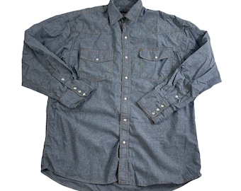 Vintage Light Wash Denim Western Shirt, Pearl Snap Buttons, Mens Size Large