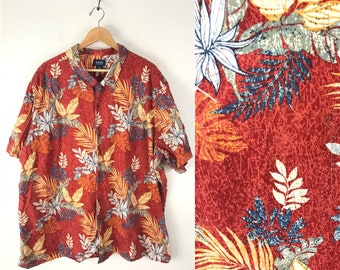 90s Red Leaf Print Hawaiian Shirt Mens 3XL, Colorful Tropical Leaf Hawaiian Shirt, Summer Beach Party Luau Shirt,Vintage Mens Hawaiian Shirt