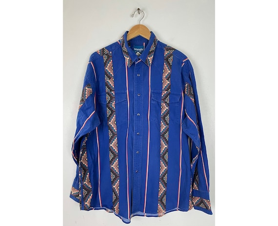 Vintage Wrangler Blue Tribal Print Western Shirt M