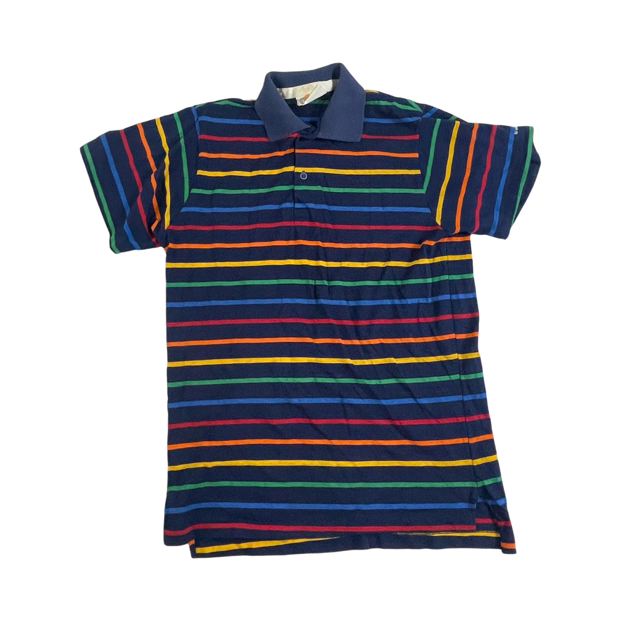 ★★ ★★ TH Collection Preppy Striped Polo Swe Vintage Rainbow Striped Polo Mens Small | 80s Colorful