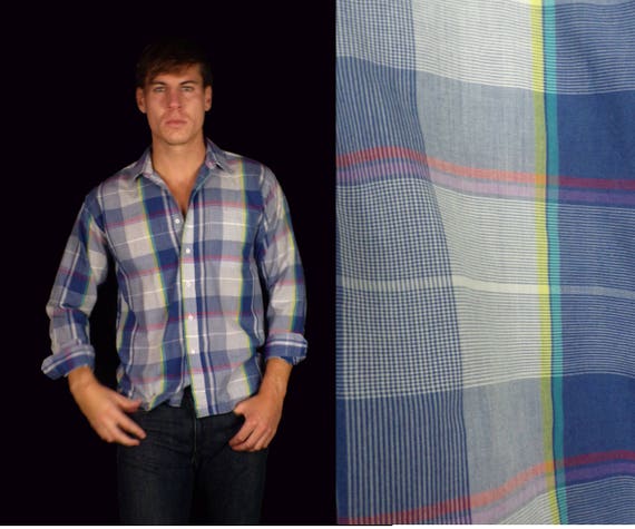 Vintage Blue Plaid Shirt, Blue Plaid Button Down … - image 1